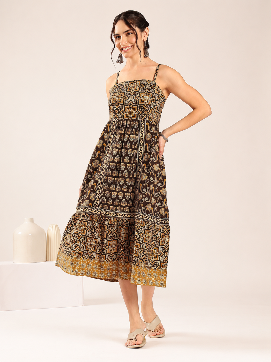 Gurukripa Brown Ajrakh Print Cotton Gown | Sleeveless Ethnic Dress