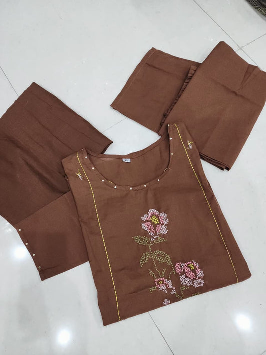 Elegant Brown Embroidered Kurta Pant Dupatta Set for Women