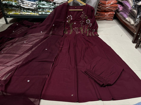 Women's Maroon Embroidered Cotton Anarkali Kurta Pant Dupatta Set | 3-Piece Ethnic Suit