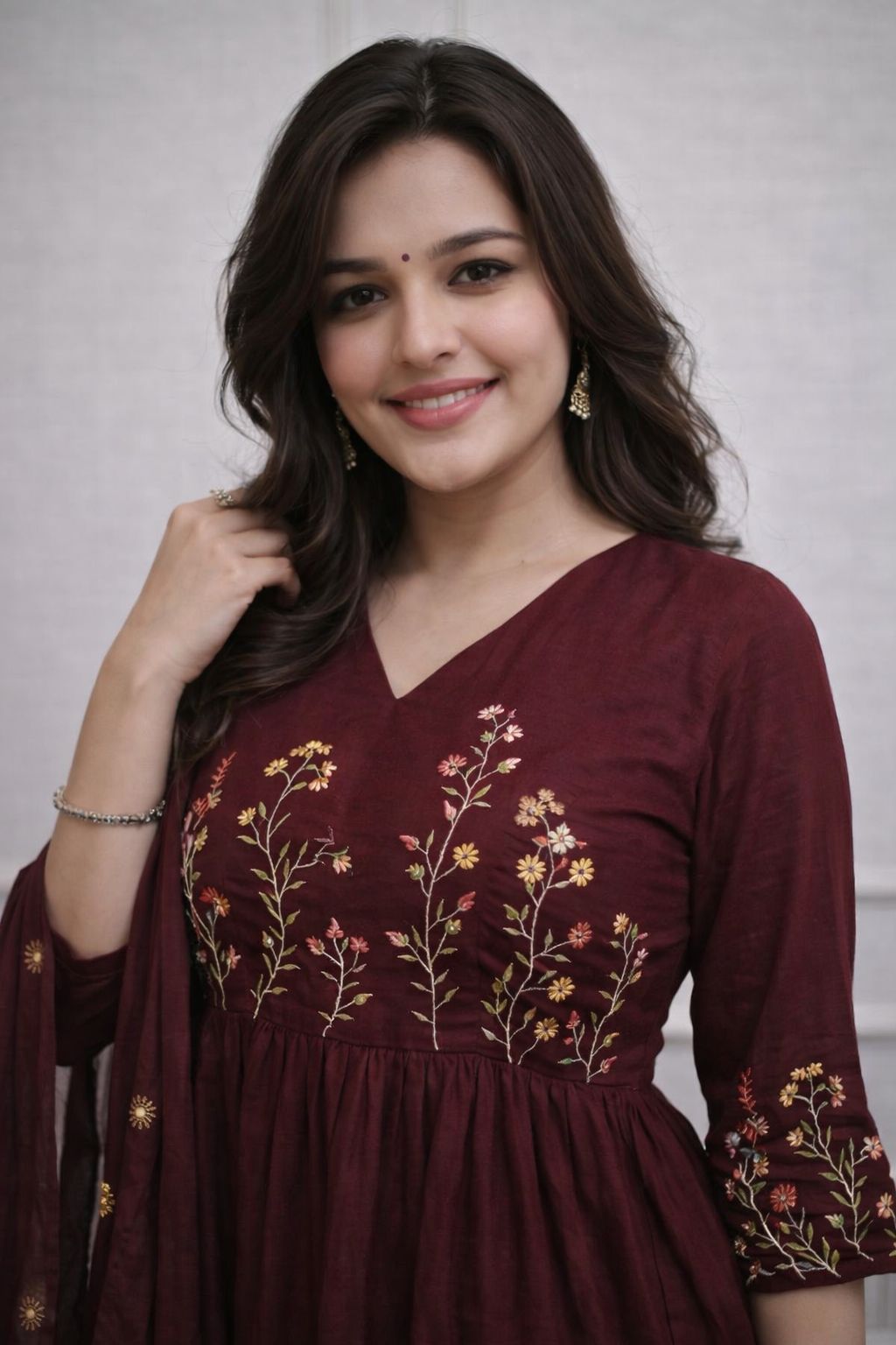 Women's Maroon Embroidered Cotton Anarkali Kurta Pant Dupatta Set | 3-Piece Ethnic Suit