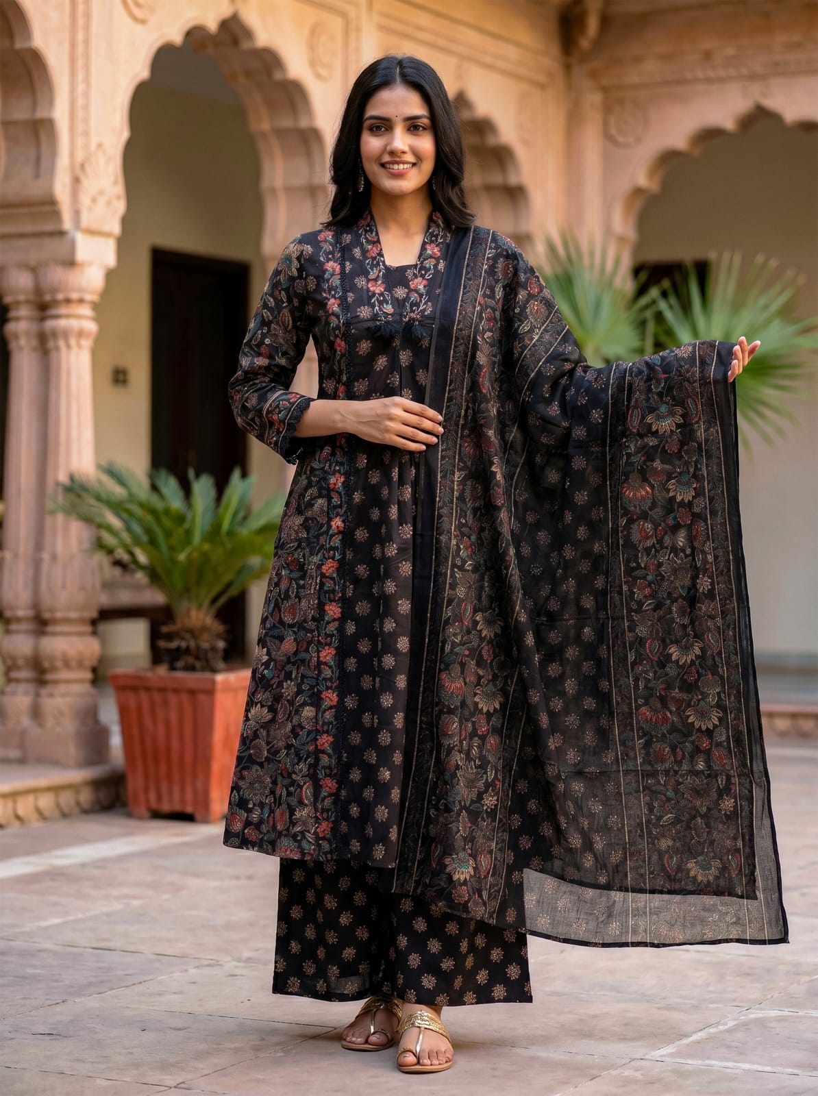 Black Floral Printed Kurta Set with Matching Dupatta