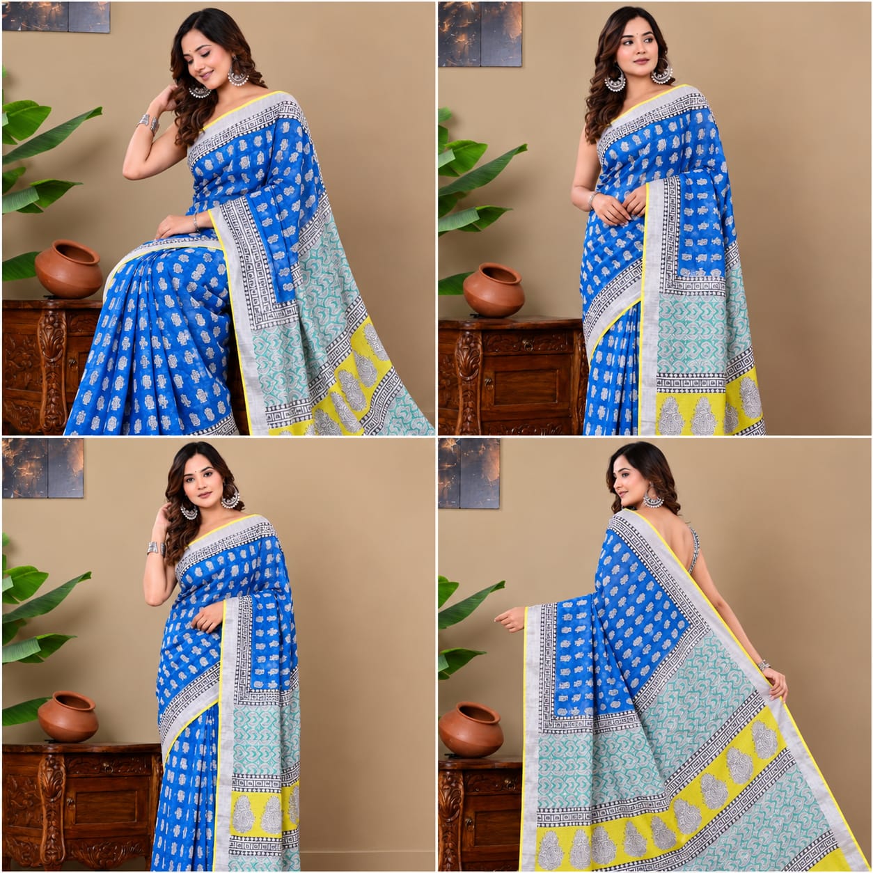 Gurukripa Handblock Print Linen Saree With Attached Blouse