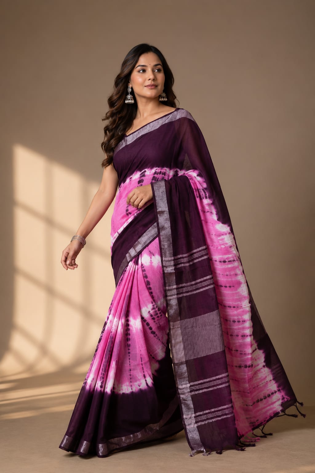 Gurukripa Shibori Tie-Dye Handblock Print Linen Saree With Attached Blouse