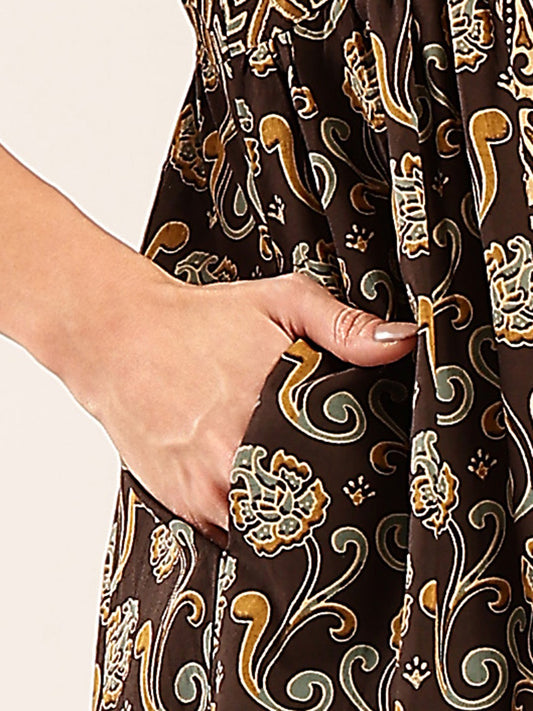 Gurukripa Brown Ajrakh Print Cotton Gown | Sleeveless Ethnic Dress