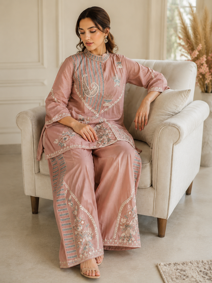 Gurukripa Dusty Pink Embroidered Co-ord Set | Kurta &amp; Palazzo