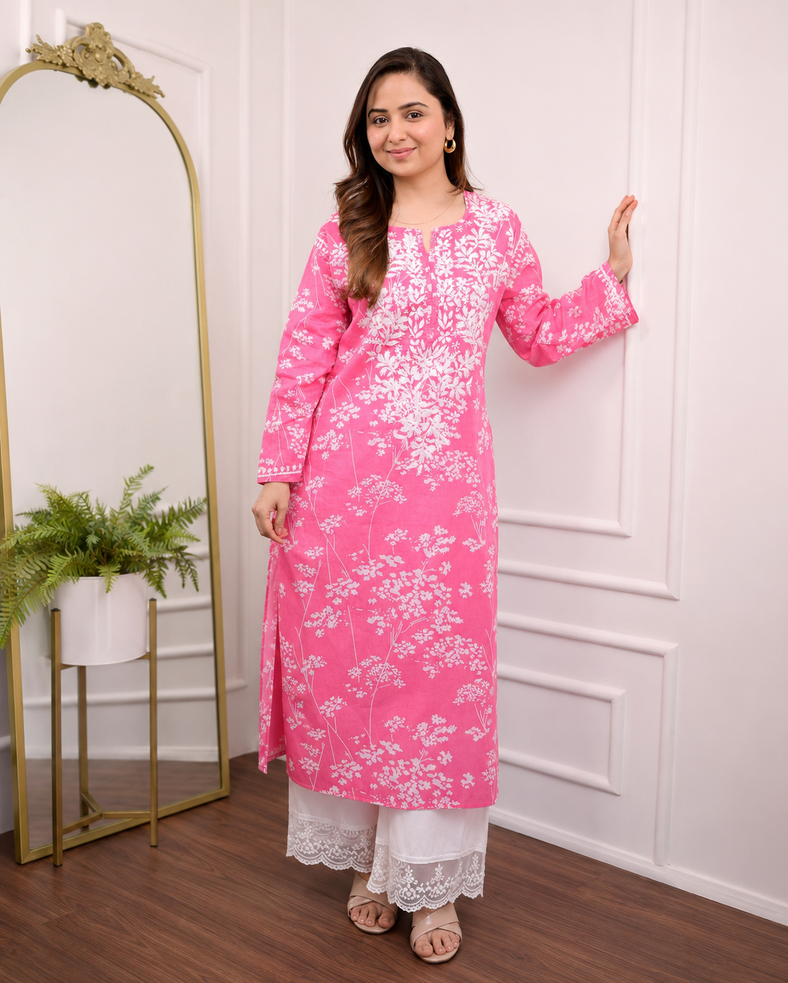 Gurukripa Pink Chikankari Floral Print Straight Kurta