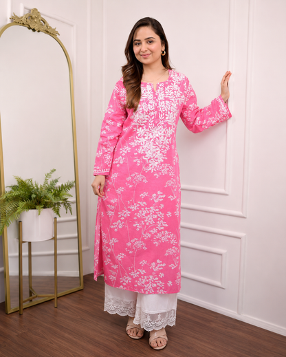 Gurukripa Pink Chikankari Floral Print Straight Kurta