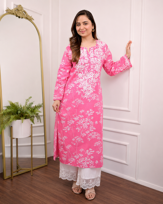 Gurukripa Pink Chikankari Floral Print Straight Kurta