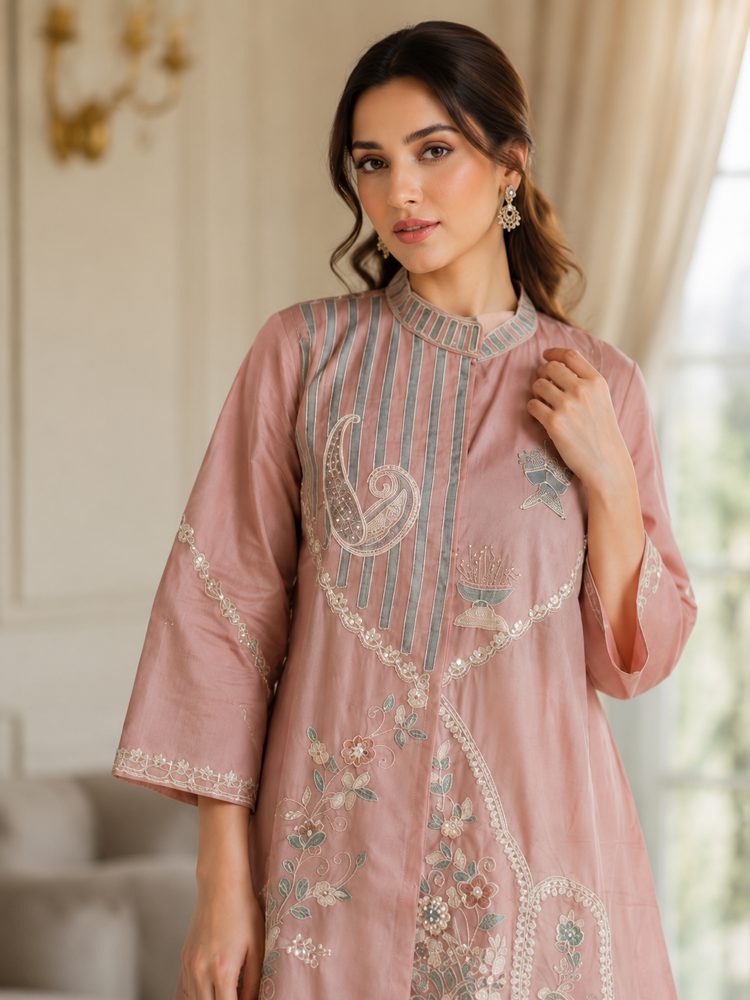 Gurukripa Dusty Pink Embroidered Co-ord Set | Kurta &amp; Palazzo