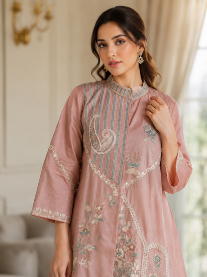 Gurukripa Dusty Pink Embroidered Co-ord Set | Kurta &amp; Palazzo
