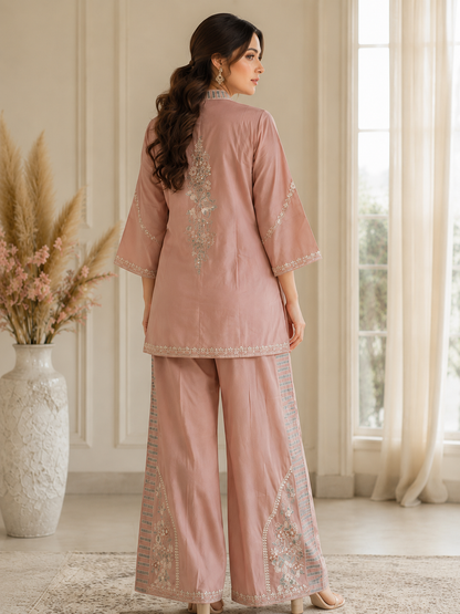 Gurukripa Dusty Pink Embroidered Co-ord Set | Kurta &amp; Palazzo