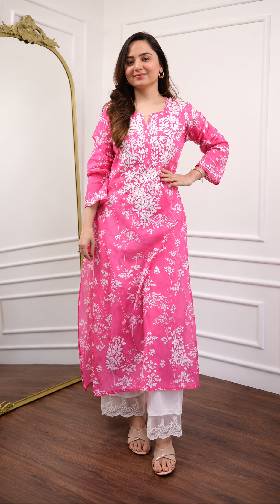 Gurukripa Pink Chikankari Floral Print Straight Kurta