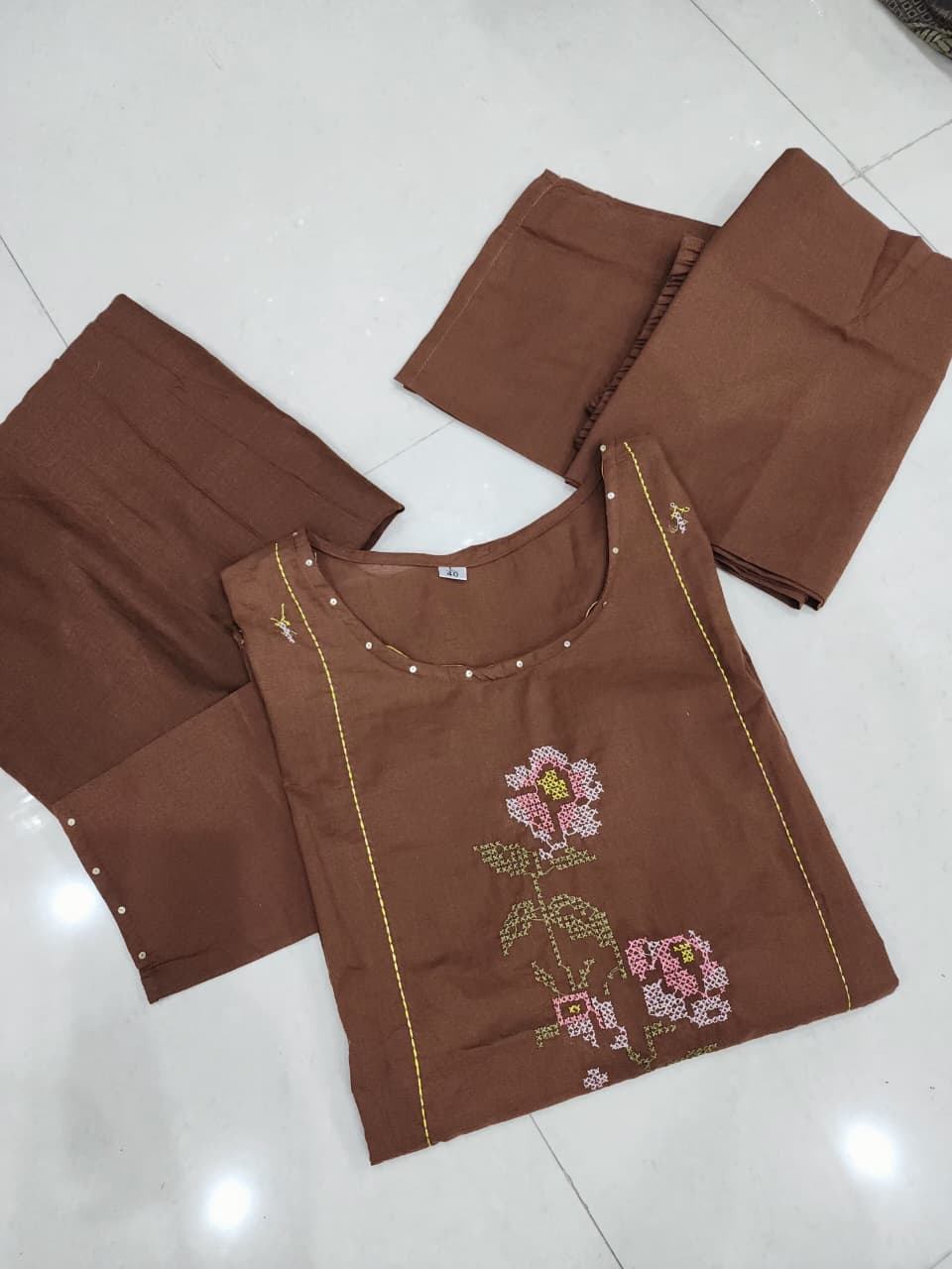 Elegant Brown Embroidered Kurta Pant Dupatta Set for Women