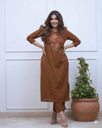 Elegant Brown Embroidered Kurta Pant Dupatta Set for Women