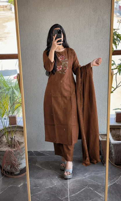 Elegant Brown Embroidered Kurta Pant Dupatta Set for Women