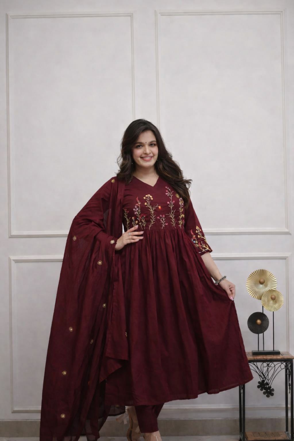 Women's Maroon Embroidered Cotton Anarkali Kurta Pant Dupatta Set | 3-Piece Ethnic Suit