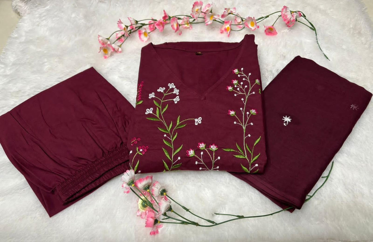 Women's Maroon Embroidered Cotton Anarkali Kurta Pant Dupatta Set | 3-Piece Ethnic Suit