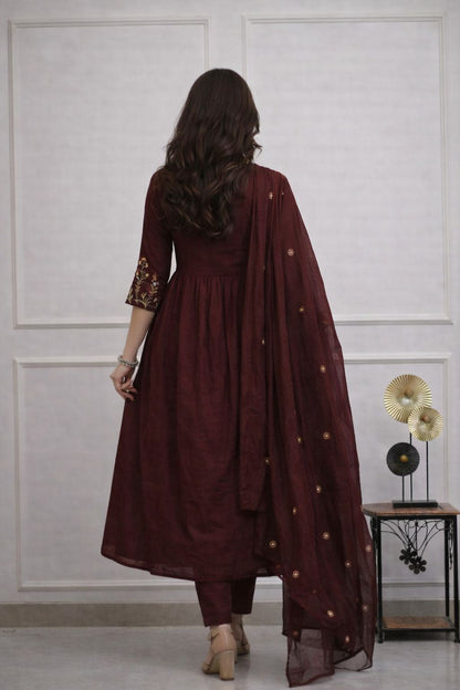 Women's Maroon Embroidered Cotton Anarkali Kurta Pant Dupatta Set | 3-Piece Ethnic Suit