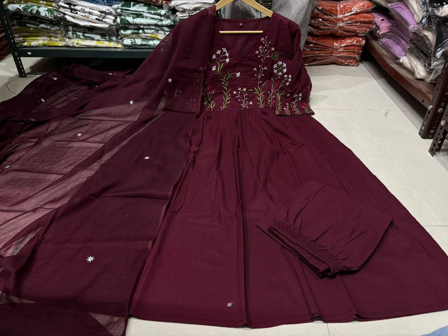 Women's Maroon Embroidered Cotton Anarkali Kurta Pant Dupatta Set | 3-Piece Ethnic Suit