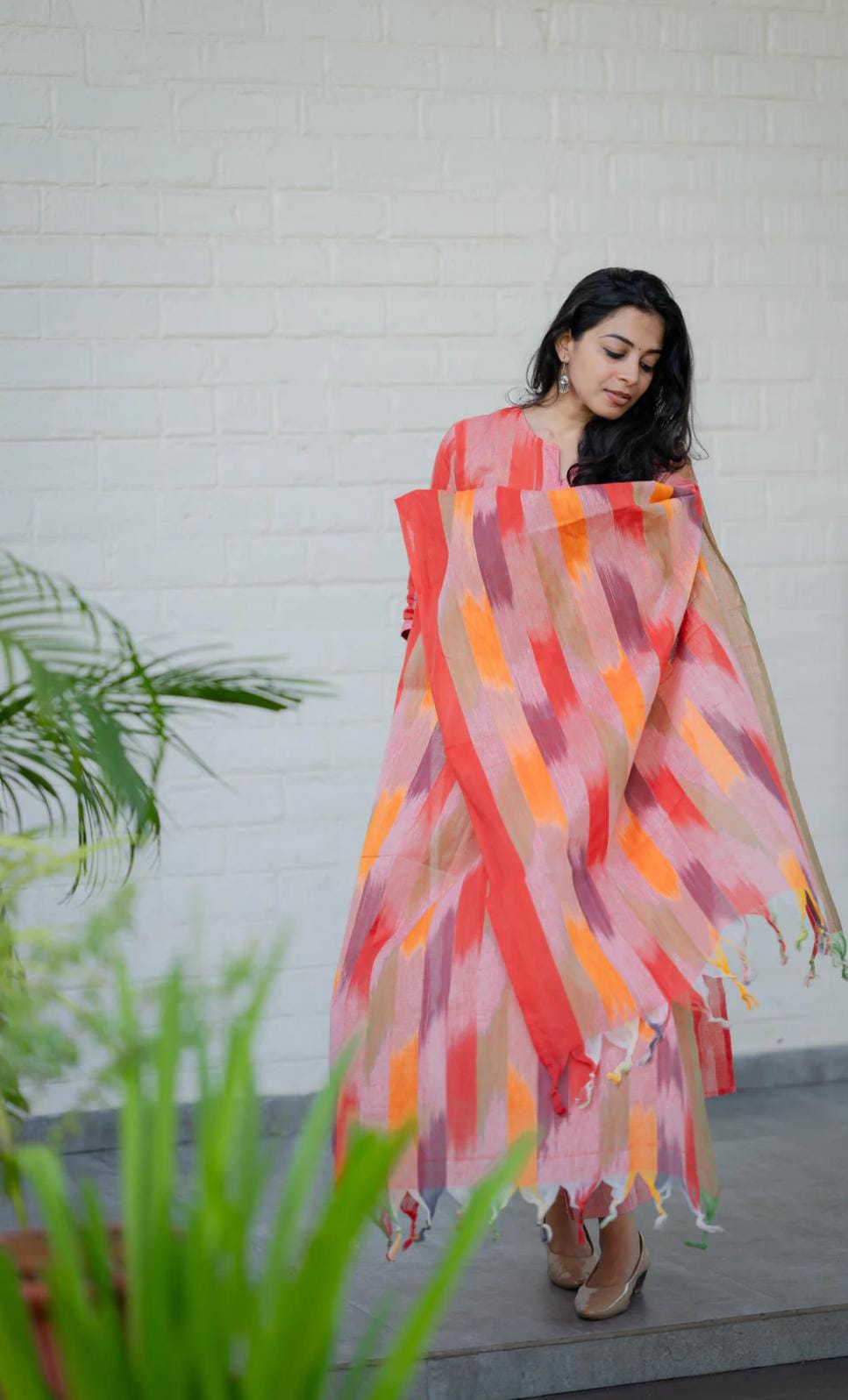 Women's Handloom Cotton Kurta Pant Dupatta Set | Coral Pink Ikat Print | 3-Piece Ethnic Suit Set