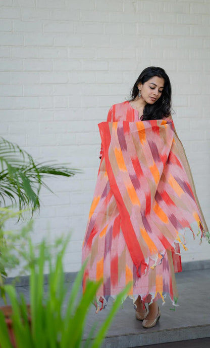 Women's Handloom Cotton Kurta Pant Dupatta Set | Coral Pink Ikat Print | 3-Piece Ethnic Suit Set