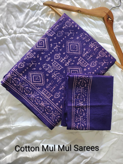 Elephant Print Cotton Mul Mul Saree