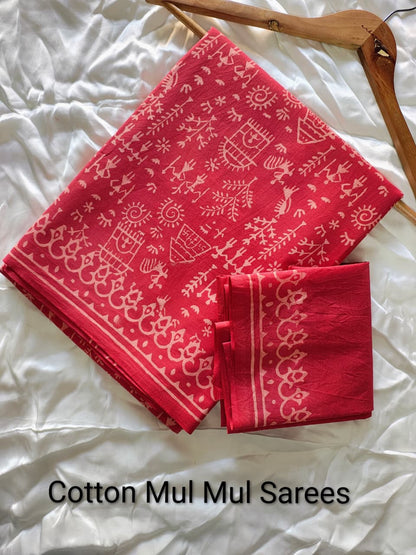 Elephant Print Cotton Mul Mul Saree