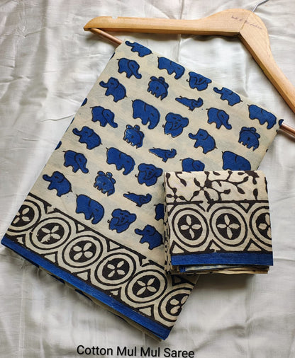 Elephant Print Cotton Mul Mul Saree