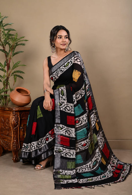 Gurukripa Handblock Print Linen Saree With Attached Blouse