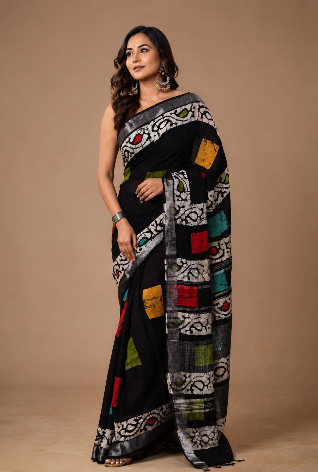 Gurukripa Handblock Print Linen Saree With Attached Blouse