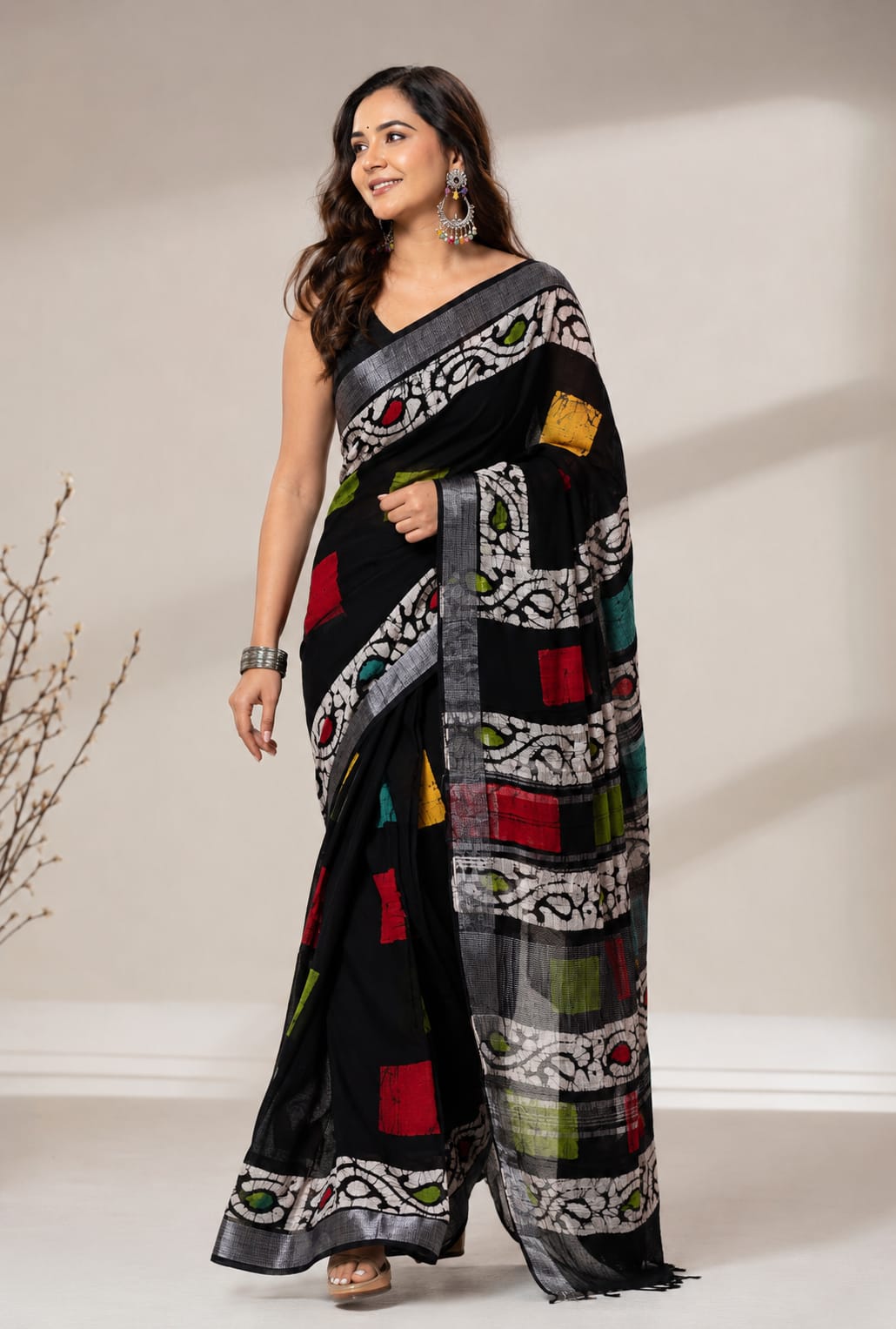 Gurukripa Handblock Print Linen Saree With Attached Blouse