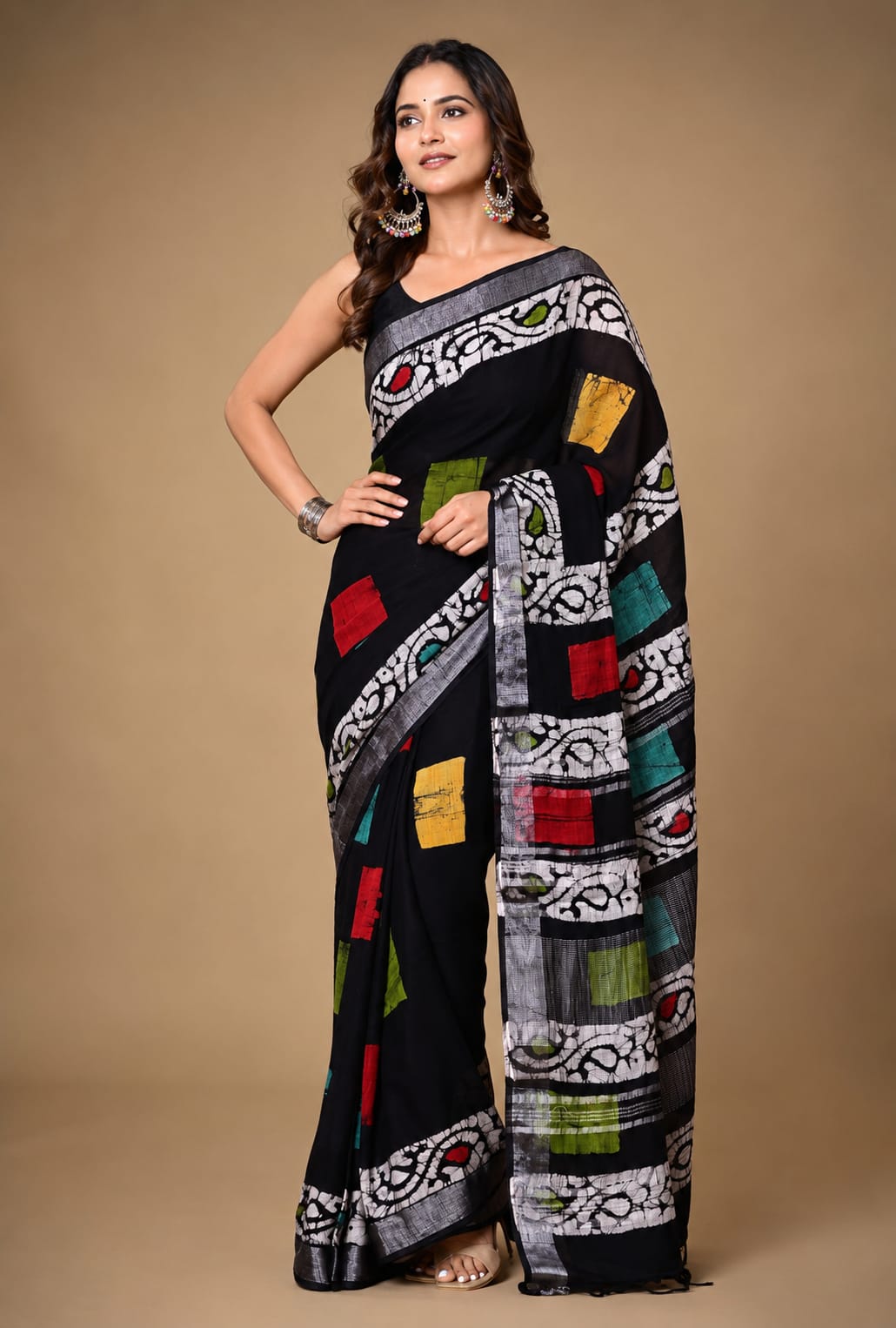 Gurukripa Handblock Print Linen Saree With Attached Blouse