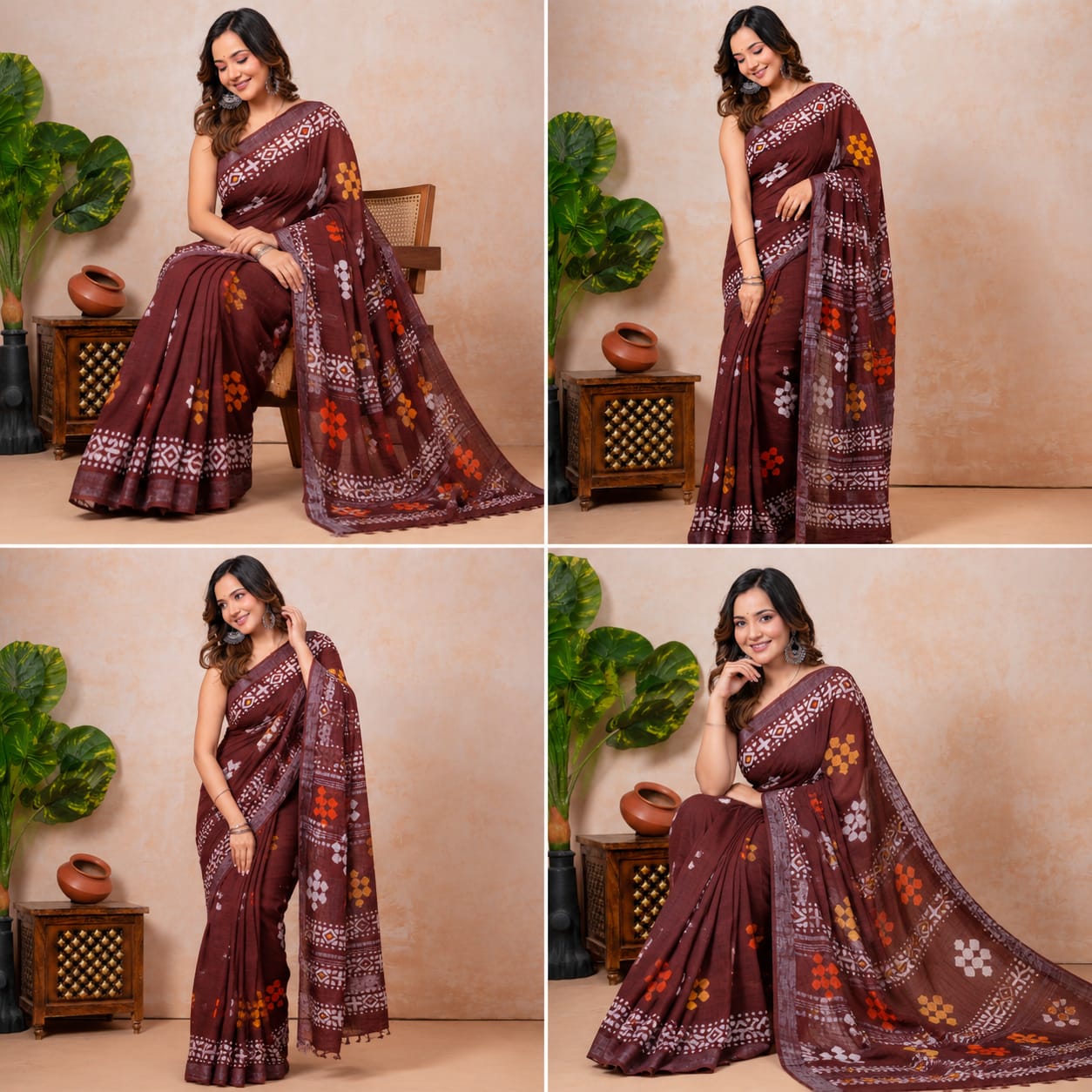 Gurukripa Handblock Print Linen Saree With Attached Blouse