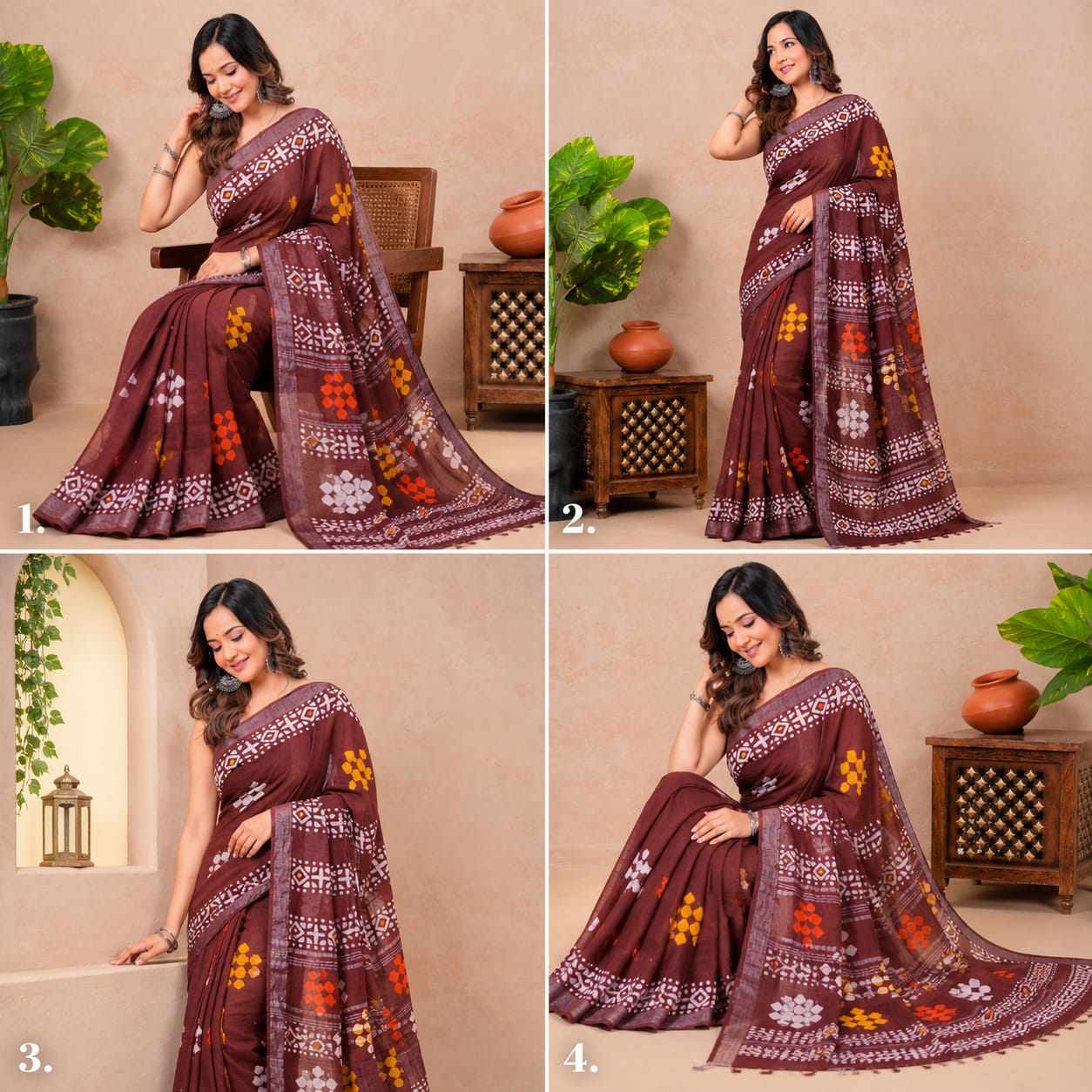 Gurukripa Handblock Print Linen Saree With Attached Blouse