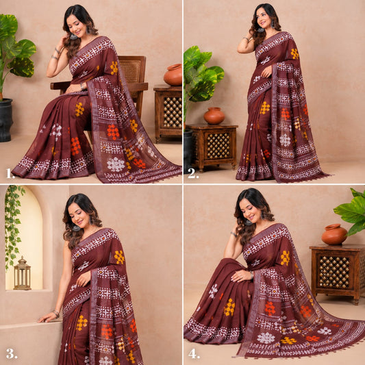 Gurukripa Handblock Print Linen Saree With Attached Blouse