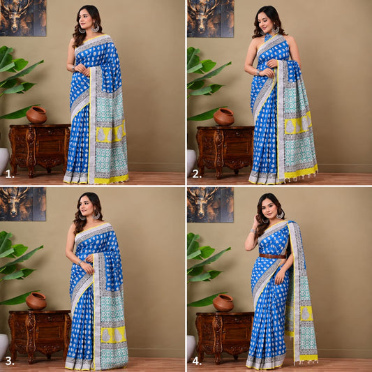 Gurukripa Handblock Print Linen Saree With Attached Blouse