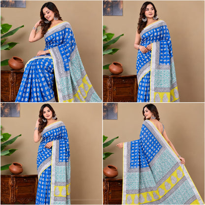 Gurukripa Handblock Print Linen Saree With Attached Blouse