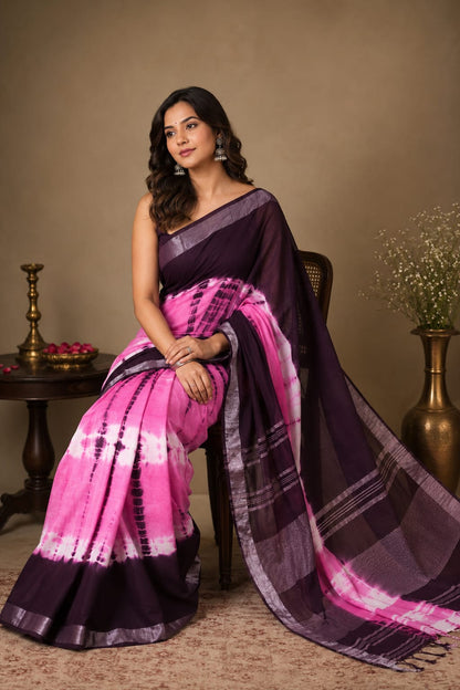 Gurukripa Shibori Tie-Dye Handblock Print Linen Saree With Attached Blouse