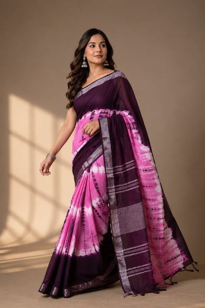 Gurukripa Shibori Tie-Dye Handblock Print Linen Saree With Attached Blouse