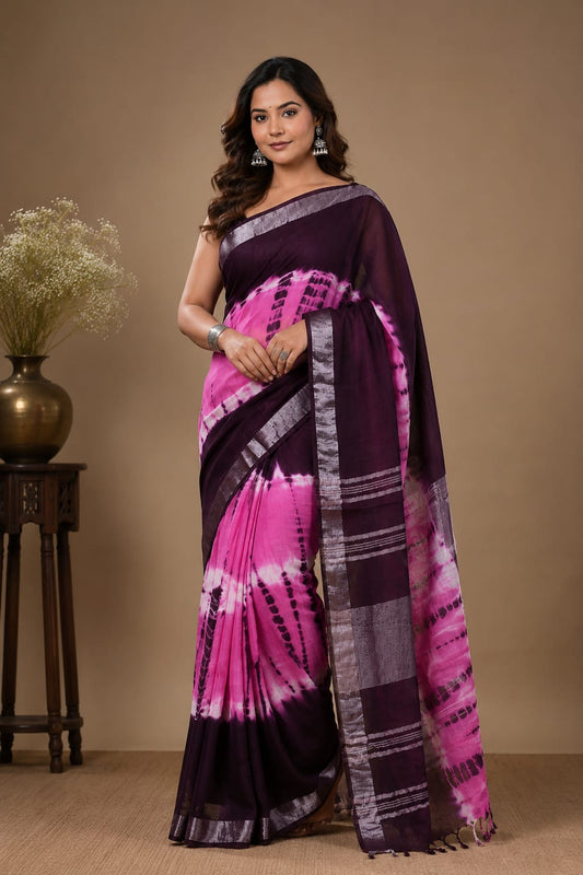 Gurukripa Shibori Tie-Dye Handblock Print Linen Saree With Attached Blouse