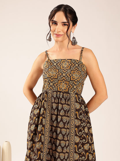 Gurukripa Brown Ajrakh Print Cotton Gown | Sleeveless Ethnic Dress