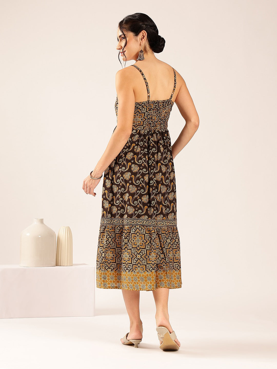 Gurukripa Brown Ajrakh Print Cotton Gown | Sleeveless Ethnic Dress