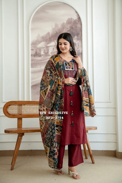 Gurukripa Maroon Kalamkari Patchwork Kurta Pant Dupatta Set | 3-Piece Ethnic Suit