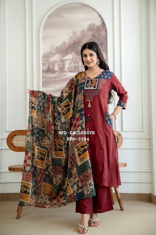 Gurukripa Maroon Kalamkari Patchwork Kurta Pant Dupatta Set | 3-Piece Ethnic Suit