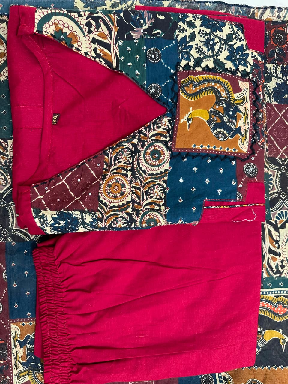 Gurukripa Maroon Kalamkari Patchwork Kurta Pant Dupatta Set | 3-Piece Ethnic Suit
