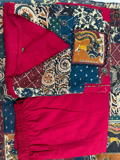 Gurukripa Maroon Kalamkari Patchwork Kurta Pant Dupatta Set | 3-Piece Ethnic Suit