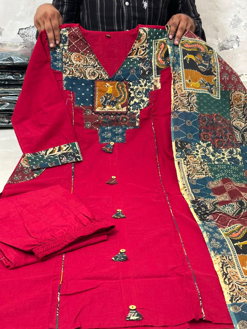 Gurukripa Maroon Kalamkari Patchwork Kurta Pant Dupatta Set | 3-Piece Ethnic Suit
