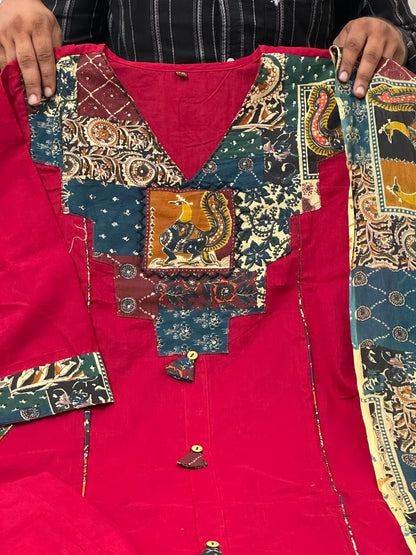 Gurukripa Maroon Kalamkari Patchwork Kurta Pant Dupatta Set | 3-Piece Ethnic Suit