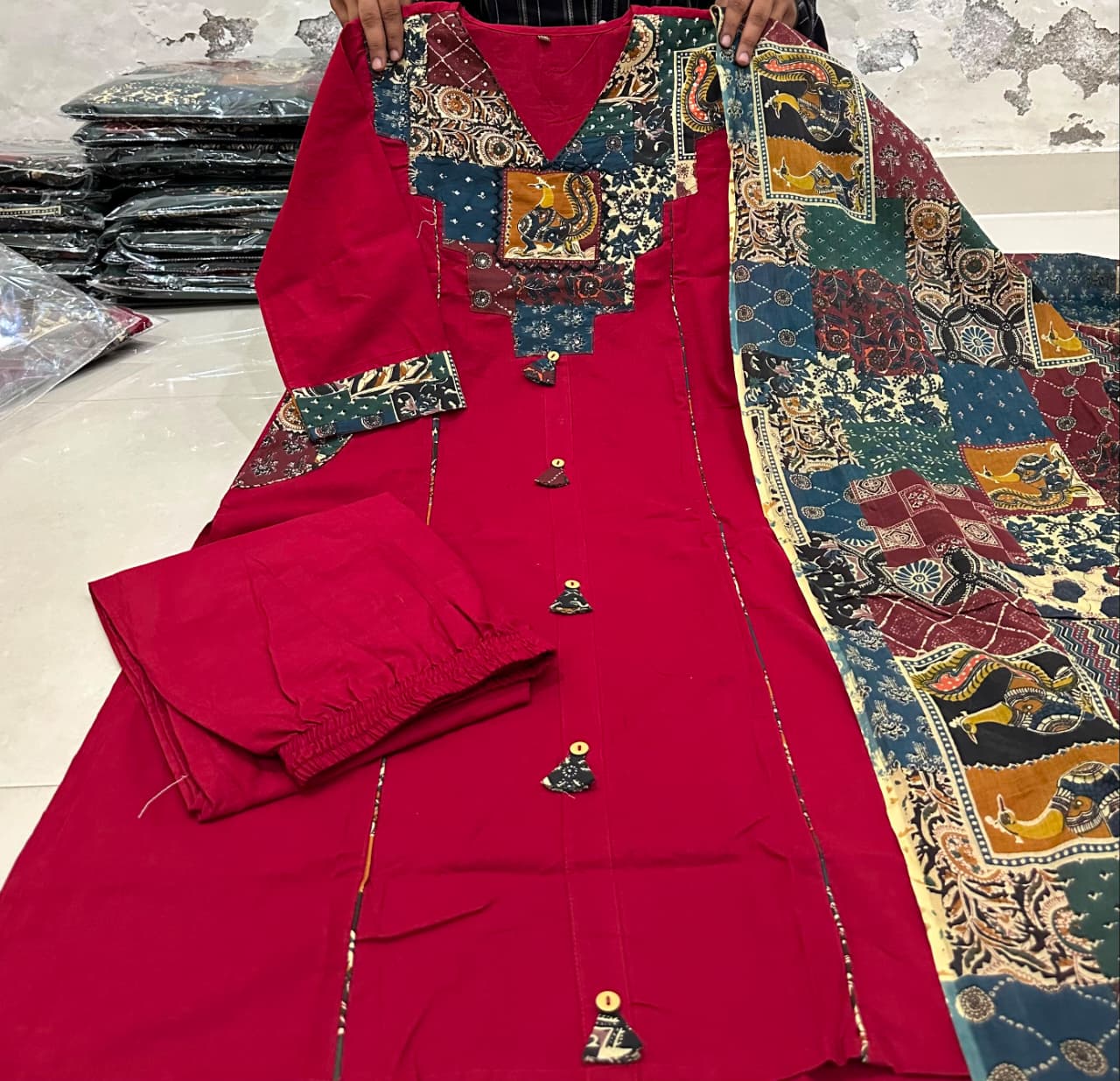 Gurukripa Maroon Kalamkari Patchwork Kurta Pant Dupatta Set | 3-Piece Ethnic Suit