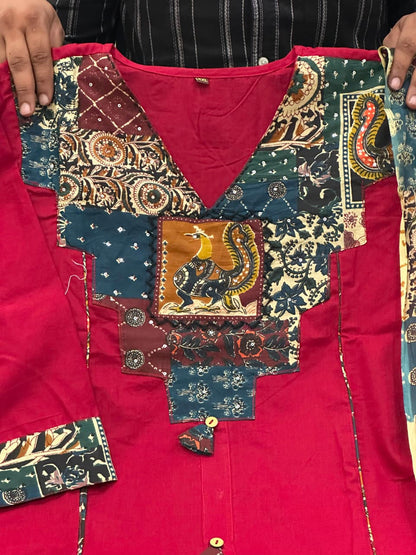 Gurukripa Maroon Kalamkari Patchwork Kurta Pant Dupatta Set | 3-Piece Ethnic Suit